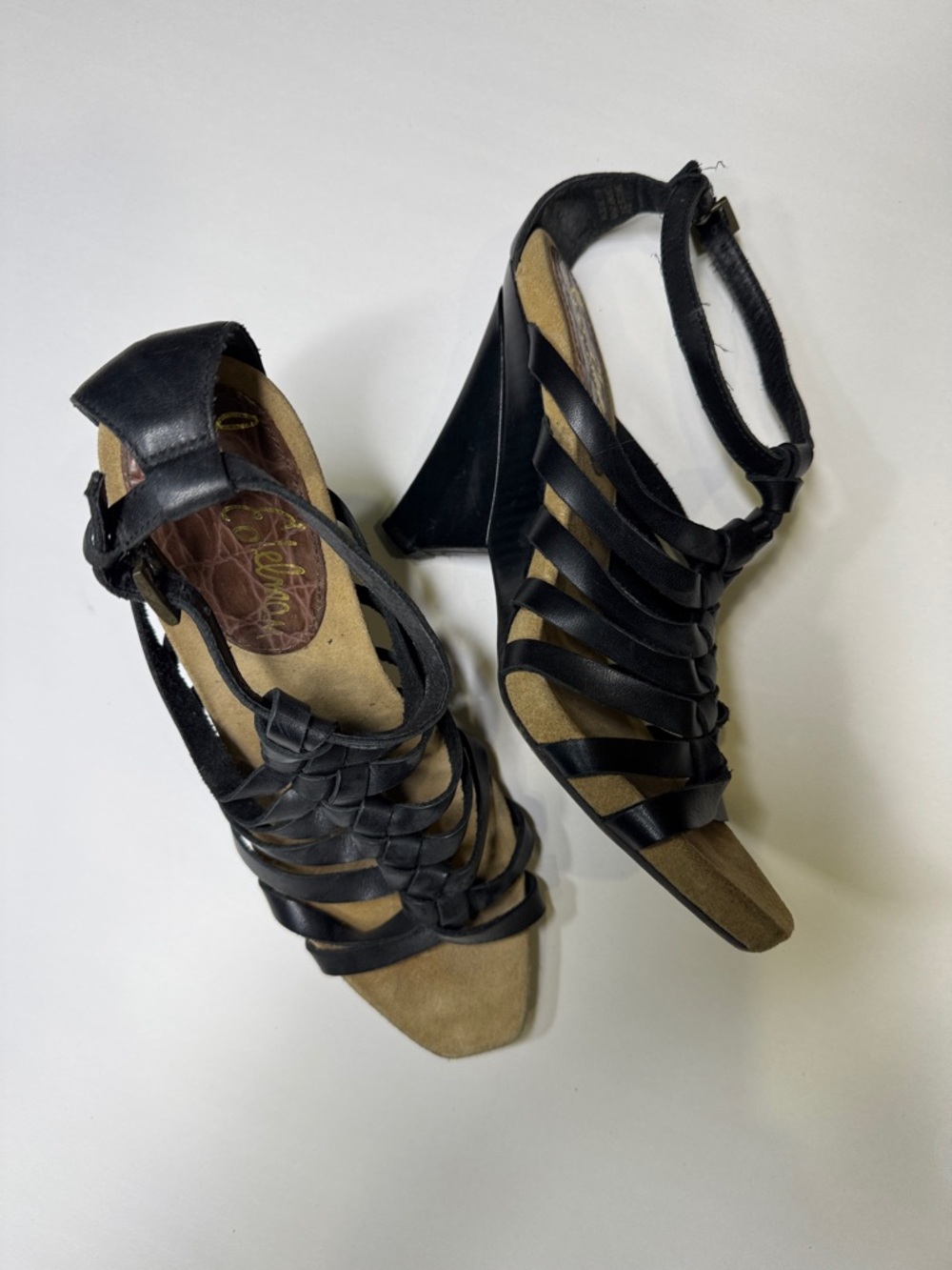 Sam Edelman Black Strappy Wedge Sandals with Ankle Strap